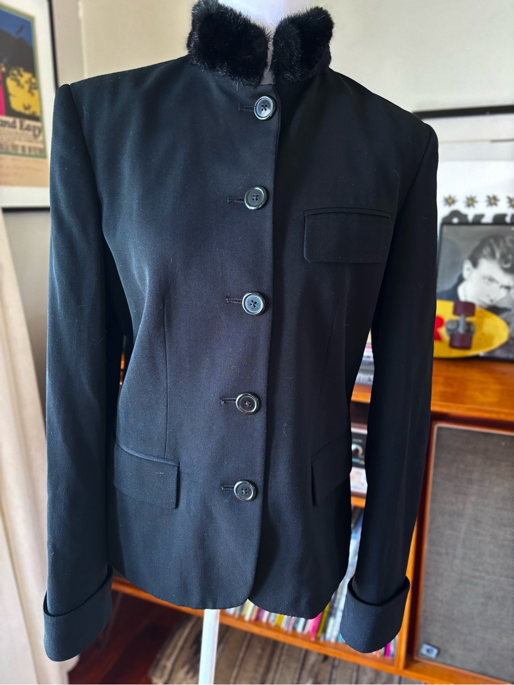 Vintage Ralph Lauren Black Button-Front Blazer with Faux Fur Collar